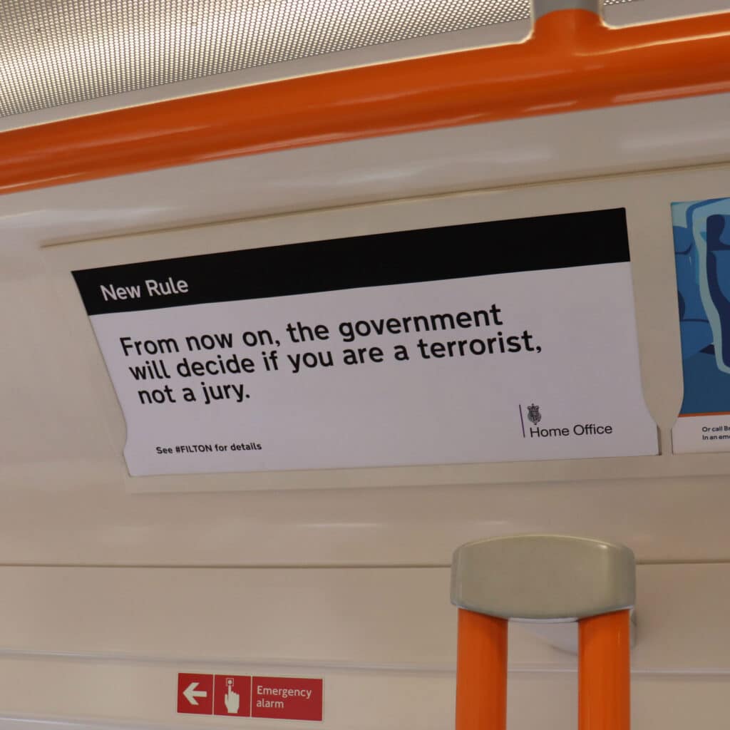 Home office graphic design and logo. New Rules. One - From now on, the government will decide if you are a terrorist, not a jury.