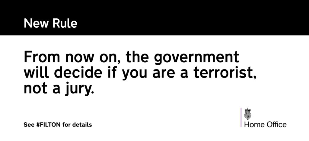 Home office graphic design and logo. New Rules. One - From now on, the government will decide if you are a terrorist, not a jury.