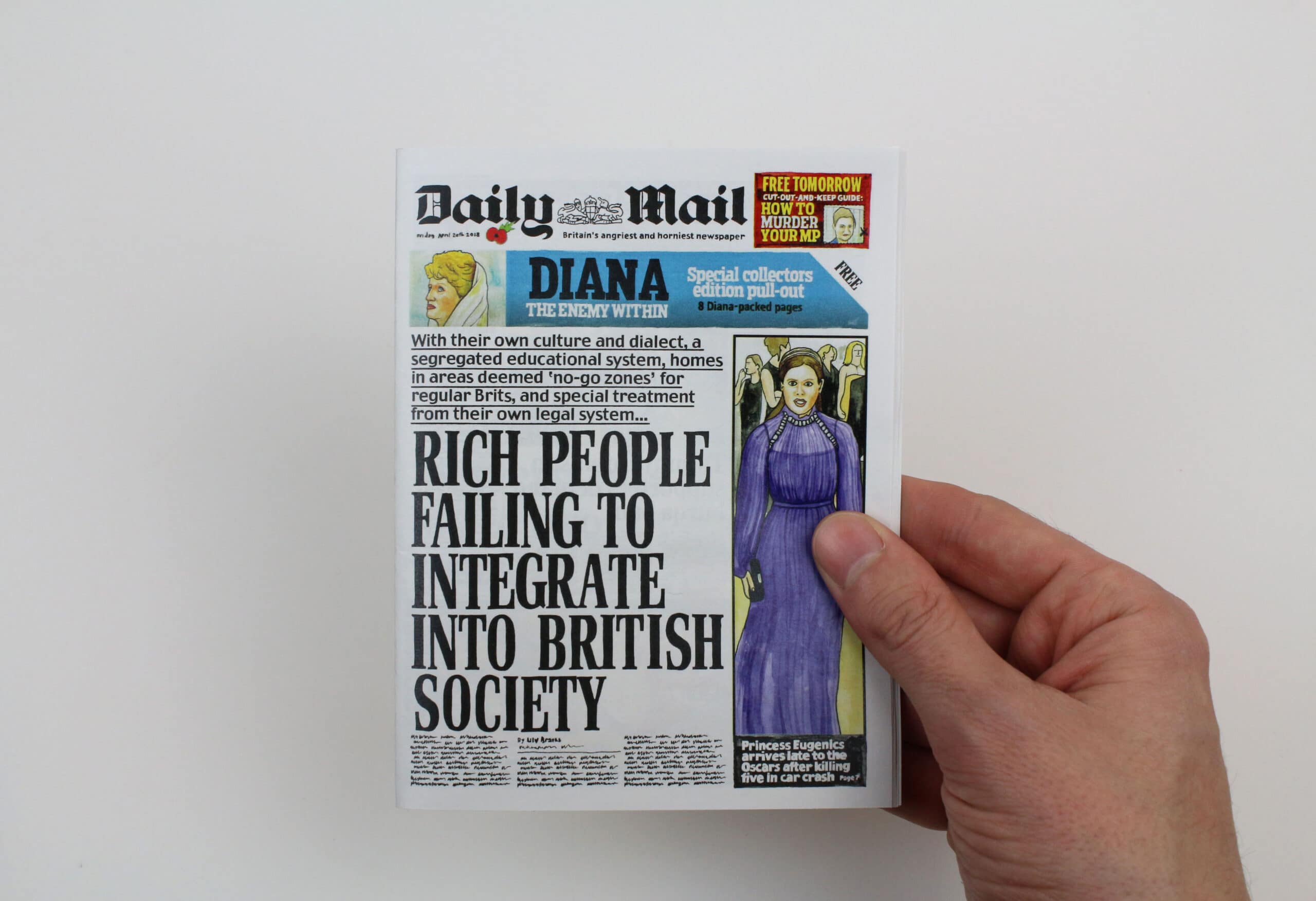 Miniature version of a Daily Mail held in a hand. Headline reads: RICH PEOPLE FAILING TO INTEGRATE INTO BRITISH SOCIETY